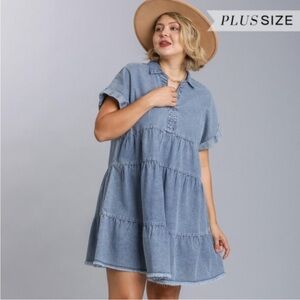 Umgee Plus Size Denim Short Folded Sleeve Collared Ruffle Tiered Denim Dress EUC